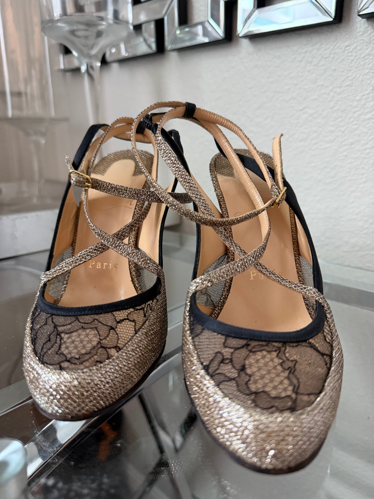 Christian Louboutin Black Lace & Gold Glitter Cross Strap Round Toe Pumps 36